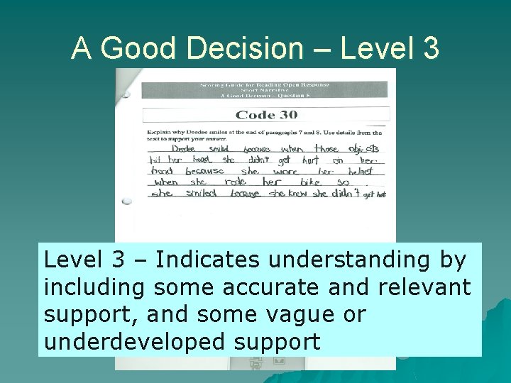 A Good Decision – Level 3 – Indicates understanding by including some accurate and