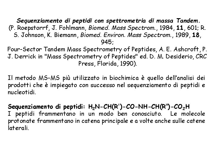 Sequenziamento di peptidi con spettrometria di massa Tandem. (P. Roepstorrf, J. Fohlmann, Biomed. Mass