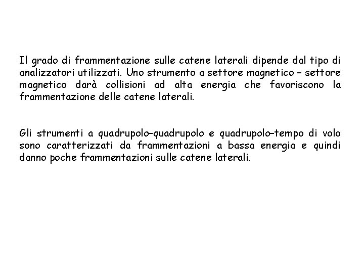 Il grado di frammentazione sulle catene laterali dipende dal tipo di analizzatori utilizzati. Uno