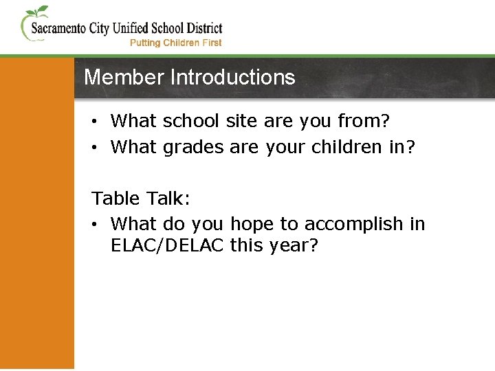 Member Introductions • What school site are you from? • What grades are your