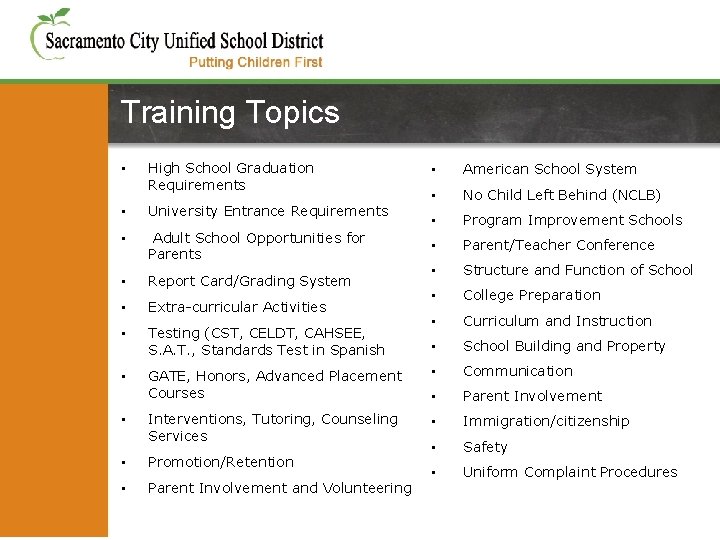 Training Topics • High School Graduation Requirements • American School System • No Child