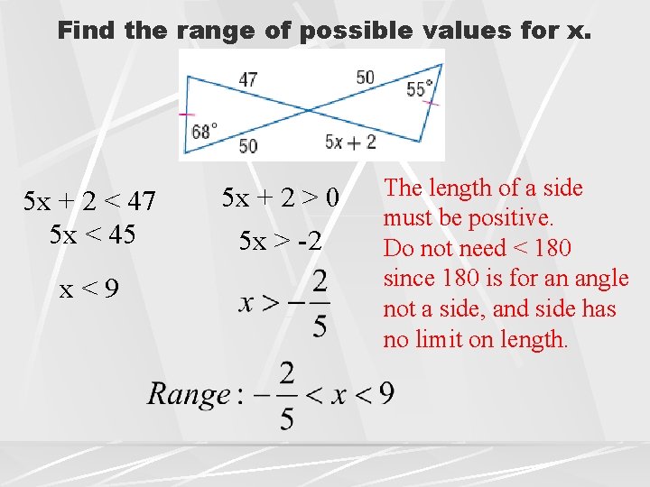 Find the range of possible values for x. 5 x + 2 < 47