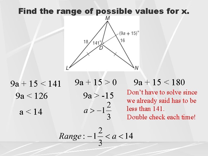 Find the range of possible values for x. 9 a + 15 < 141