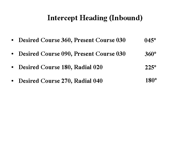 Intercept Heading (Inbound) • • Desired Course 360, Present Course 030 Desired Course 090,