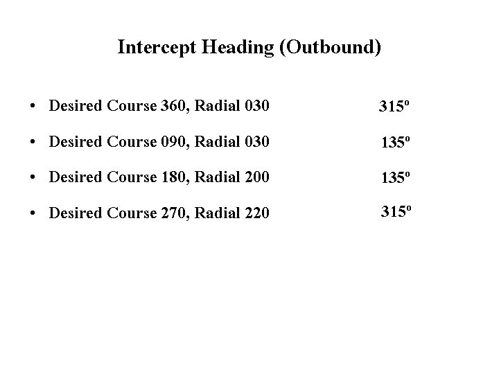 Intercept Heading (Outbound) • • Desired Course 360, Radial 030 Desired Course 090, Radial