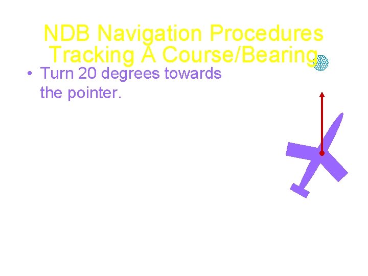 NDB Navigation Procedures Tracking A Course/Bearing • Turn 20 degrees towards the pointer. •