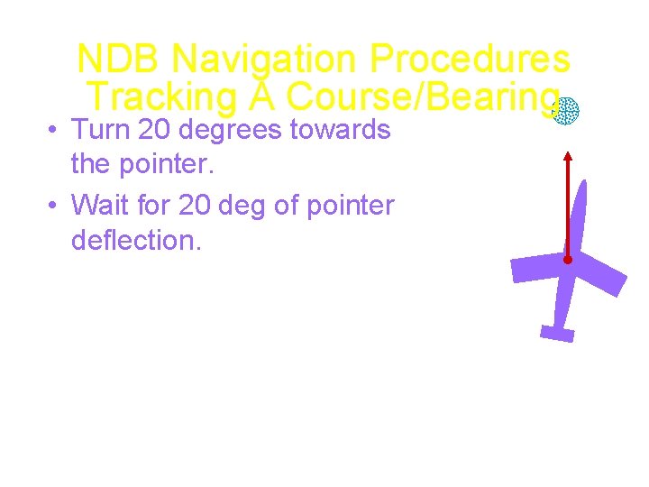 NDB Navigation Procedures Tracking A Course/Bearing • Turn 20 degrees towards the pointer. •