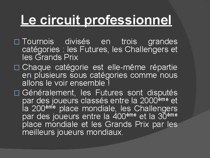 Le circuit professionnel Tournois divisés en trois grandes catégories : les Futures, les Challengers