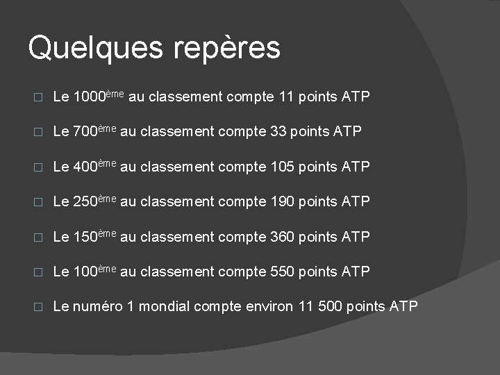 Quelques repères � Le 1000ème au classement compte 11 points ATP � Le 700ème