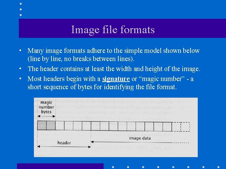 Image file formats • Many image formats adhere to the simple model shown below