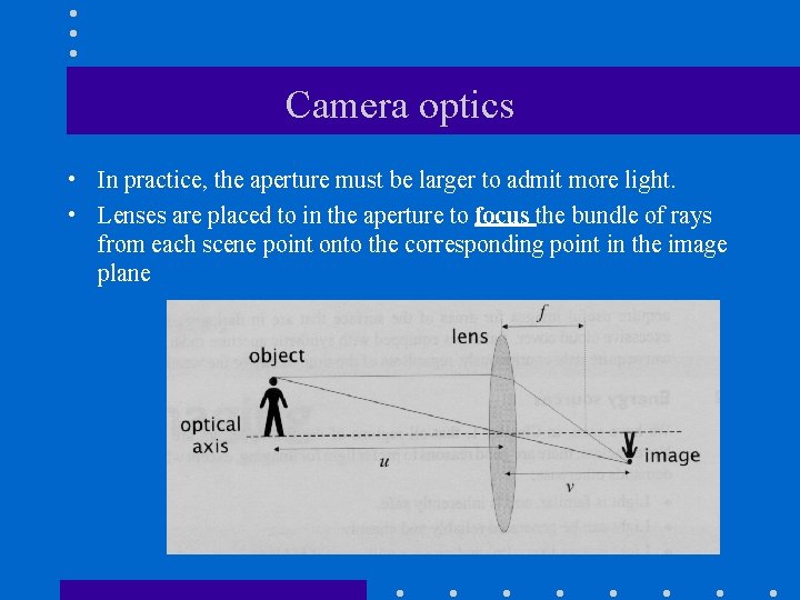 Camera optics • In practice, the aperture must be larger to admit more light.