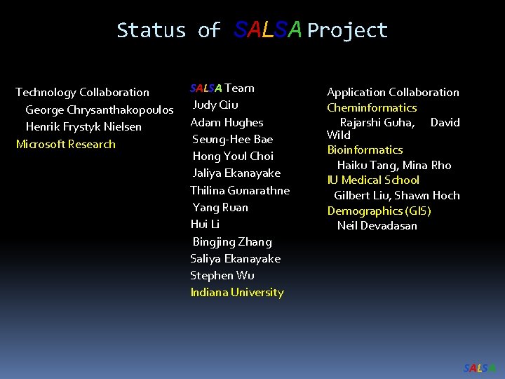 Status of SALSA Project Technology Collaboration George Chrysanthakopoulos Henrik Frystyk Nielsen Microsoft Research SALSA