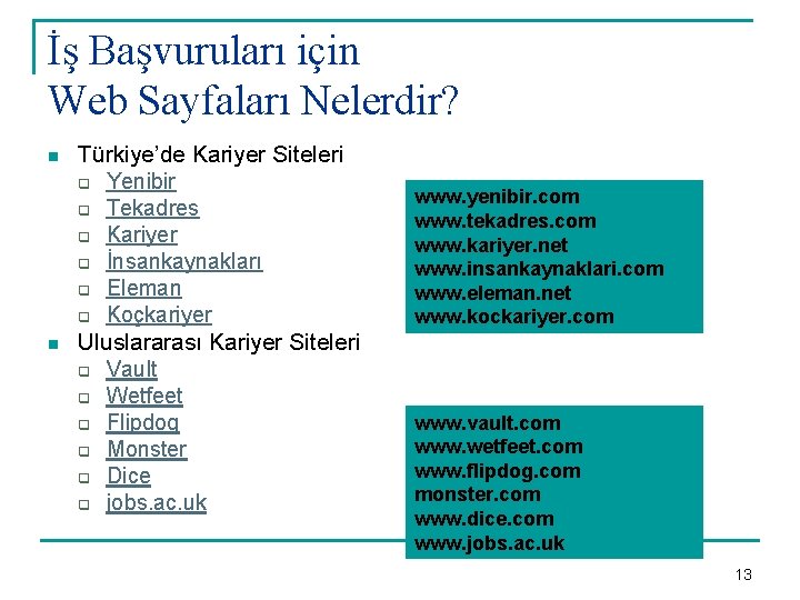 İş Başvuruları için Web Sayfaları Nelerdir? n n Türkiye’de Kariyer Siteleri q Yenibir q