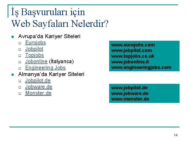 İş Başvuruları için Web Sayfaları Nelerdir? n n Avrupa’da Kariyer Siteleri q Eurojobs q