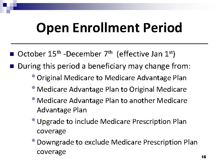 Open Enrollment Period n n October 15 th -December 7 th (effective Jan 1