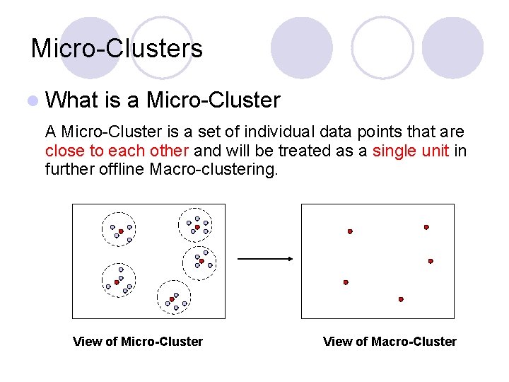 Micro-Clusters l What is a Micro-Cluster A Micro-Cluster is a set of individual data