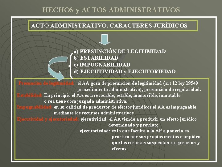 HECHOS y ACTOS ADMINISTRATIVOS ACTO ADMINISTRATIVO. CARACTERES JURÍDICOS a) PRESUNCIÓN DE LEGITIMIDAD b) ESTABILIDAD