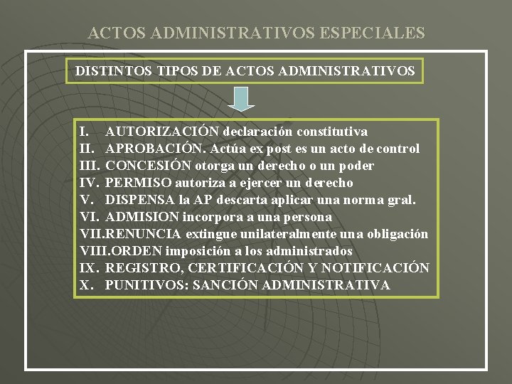 ACTOS ADMINISTRATIVOS ESPECIALES DISTINTOS TIPOS DE ACTOS ADMINISTRATIVOS I. AUTORIZACIÓN declaración constitutiva II. APROBACIÓN.