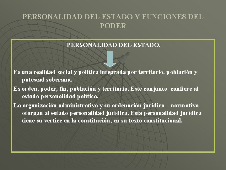 PERSONALIDAD DEL ESTADO Y FUNCIONES DEL PODER PERSONALIDAD DEL ESTADO. Es una realidad social