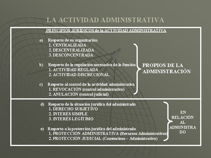 LA ACTIVIDAD ADMINISTRATIVA PRINCIPIOS JURÍDICOS de la ACTIVIDAD ADMINISTRATIVA a) Respecto de su organización