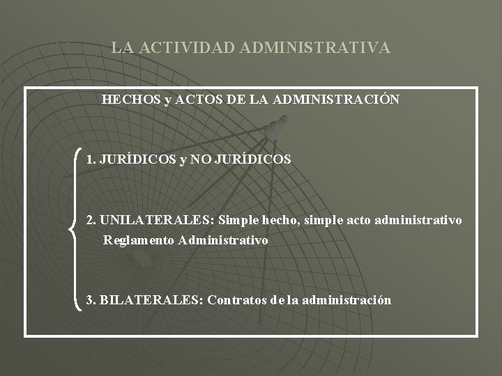 LA ACTIVIDAD ADMINISTRATIVA HECHOS y ACTOS DE LA ADMINISTRACIÓN 1. JURÍDICOS y NO JURÍDICOS