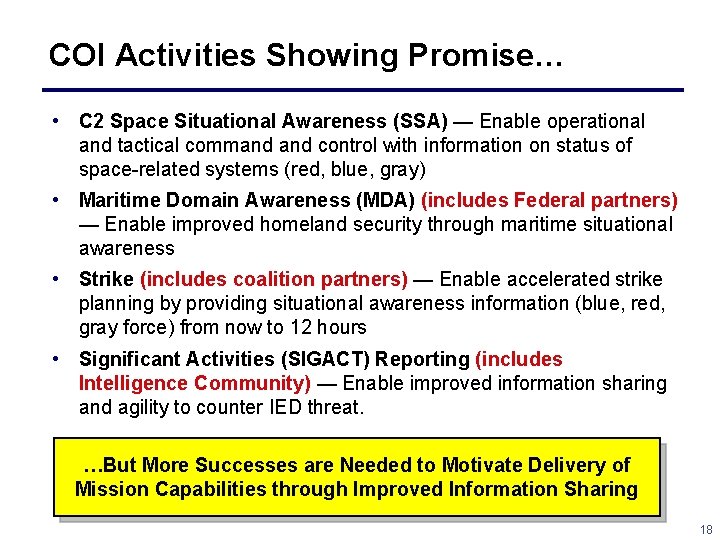 COI Activities Showing Promise… • C 2 Space Situational Awareness (SSA) — Enable operational