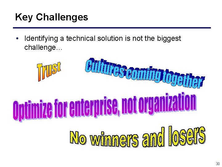 Key Challenges • Identifying a technical solution is not the biggest challenge… 30 