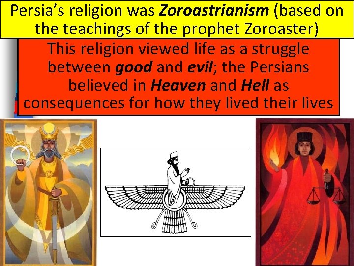 Persia’s religion was Zoroastrianism (based on the teachings of the prophet Zoroaster) This religion