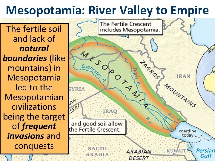 Mesopotamia: River Valley to Empire The fertile soil and lack of natural boundaries (like