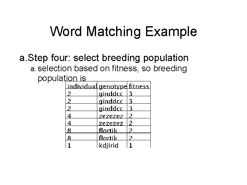 Word Matching Example a. Step four: select breeding population a. selection based on fitness,