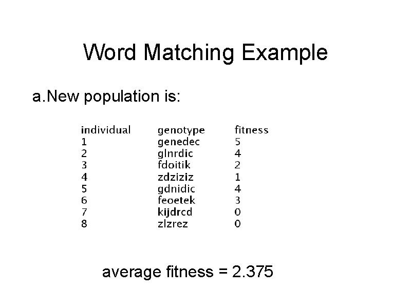 Word Matching Example a. New population is: average fitness = 2. 375 