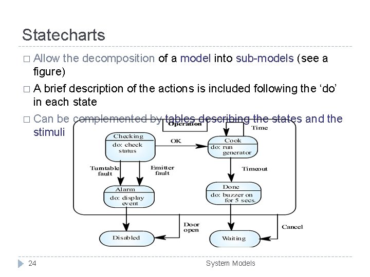 Statecharts � Allow the decomposition of a model into sub-models (see a figure) �