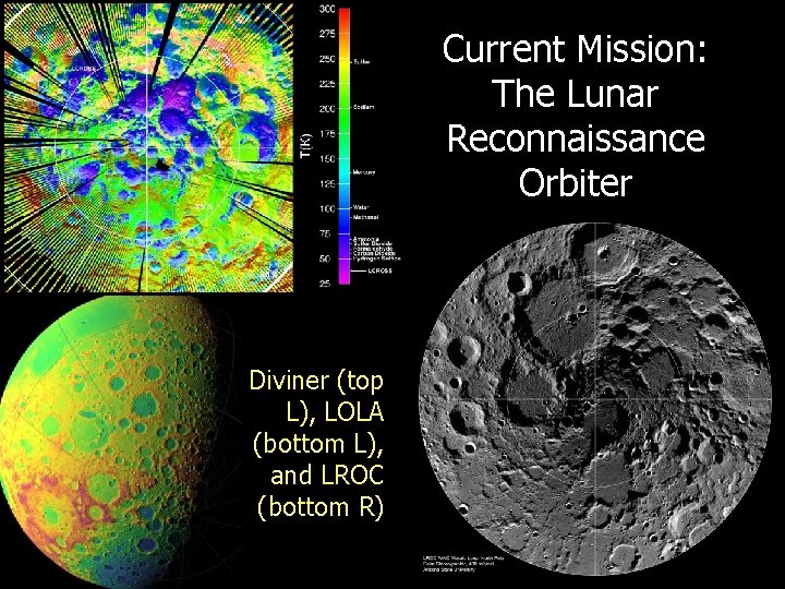 Current Mission: The Lunar Reconnaissance Orbiter Diviner (top L), LOLA (bottom L), and LROC Current Mission: The Lunar Reconnaissance Orbiter Diviner (top L), LOLA (bottom L), and LROC