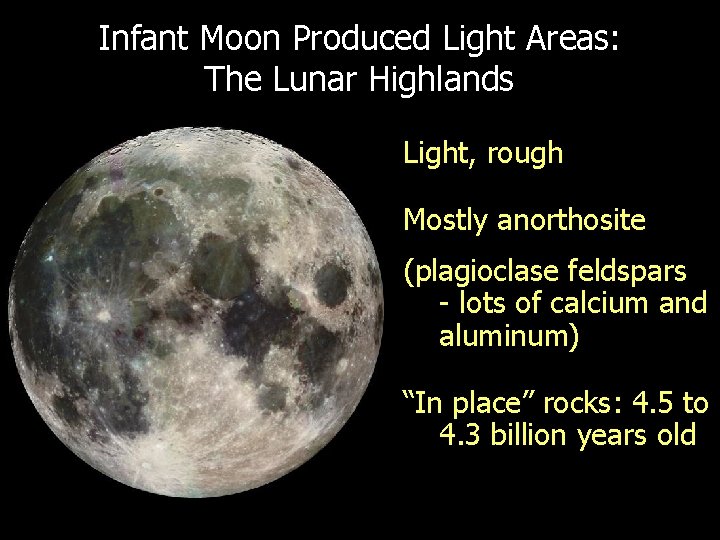 Infant Moon Produced Light Areas: The Lunar Highlands Light, rough Mostly anorthosite (plagioclase feldspars Infant Moon Produced Light Areas: The Lunar Highlands Light, rough Mostly anorthosite (plagioclase feldspars
