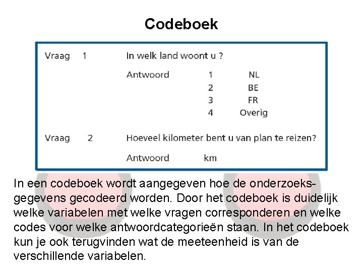Codeboek In een codeboek wordt aangegeven hoe de onderzoeksgegevens gecodeerd worden. Door het codeboek Codeboek In een codeboek wordt aangegeven hoe de onderzoeksgegevens gecodeerd worden. Door het codeboek