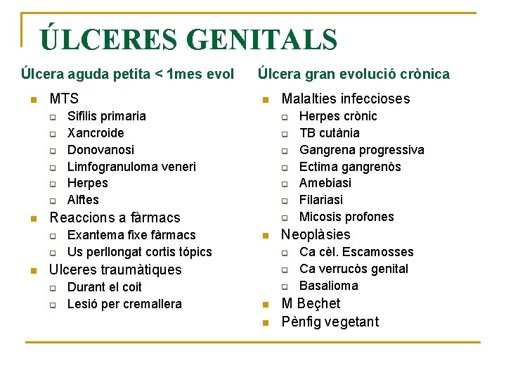 ÚLCERES GENITALS Úlcera aguda petita < 1 mes evol n MTS q q q