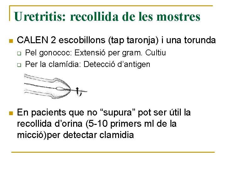 Uretritis: recollida de les mostres n CALEN 2 escobillons (tap taronja) i una torunda