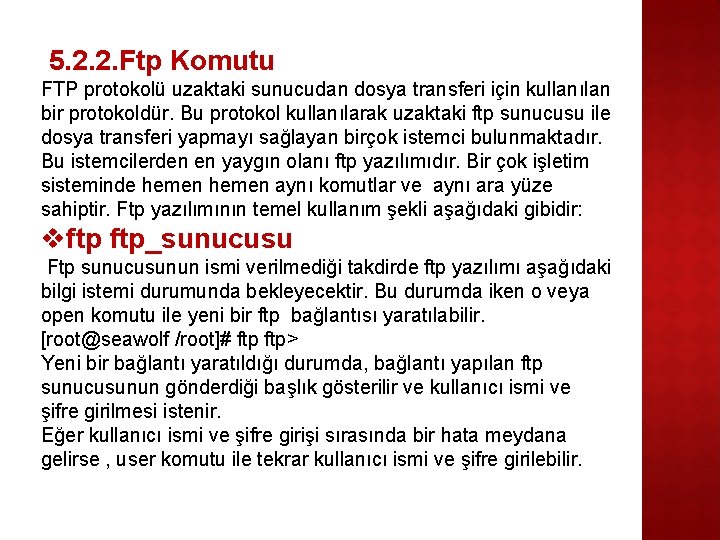 5. 2. 2. Ftp Komutu FTP protokolü uzaktaki sunucudan dosya transferi için kullanılan bir