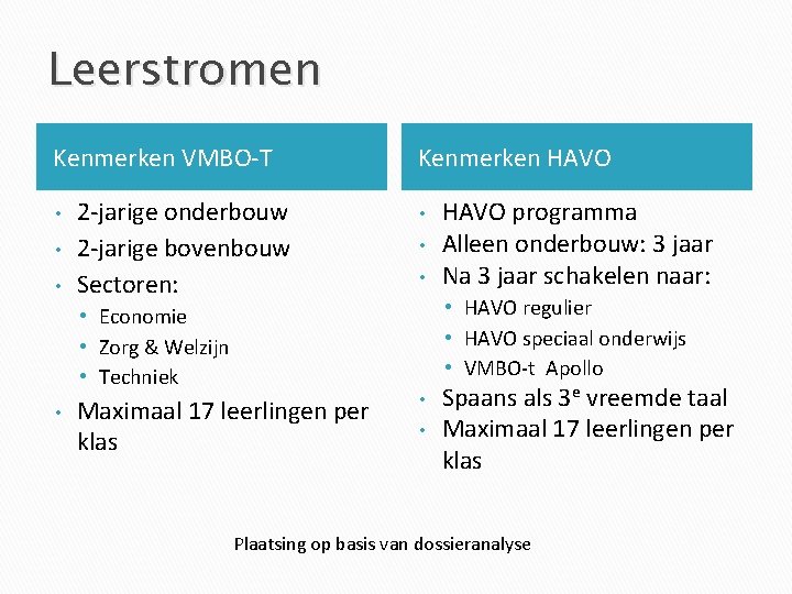 Leerstromen Kenmerken VMBO-T • • • 2 -jarige onderbouw 2 -jarige bovenbouw Sectoren: •