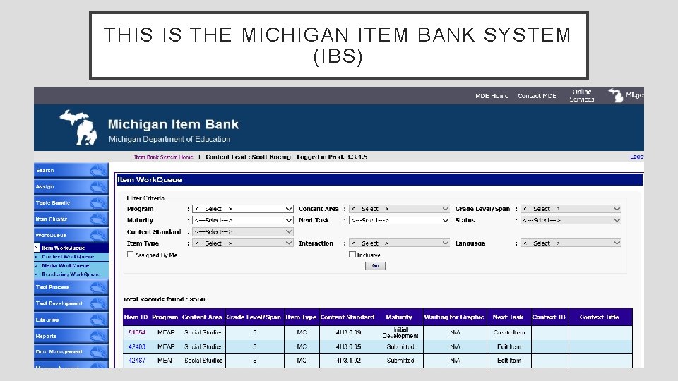 THIS IS THE MICHIGAN ITEM BANK SYSTEM (IBS) 