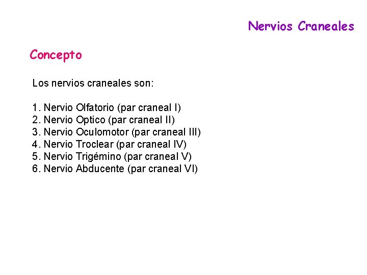 Nervios Craneales Concepto Los nervios craneales son: 1. Nervio Olfatorio (par craneal I) 2. Nervios Craneales Concepto Los nervios craneales son: 1. Nervio Olfatorio (par craneal I) 2.