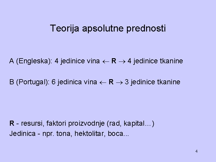 Teorija apsolutne prednosti A (Engleska): 4 jedinice vina R 4 jedinice tkanine B (Portugal):