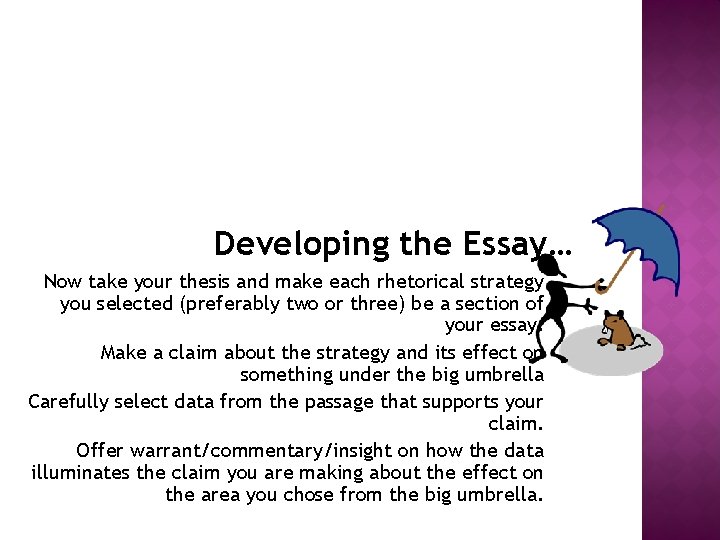 Developing the Essay… Now take your thesis and make each rhetorical strategy you selected