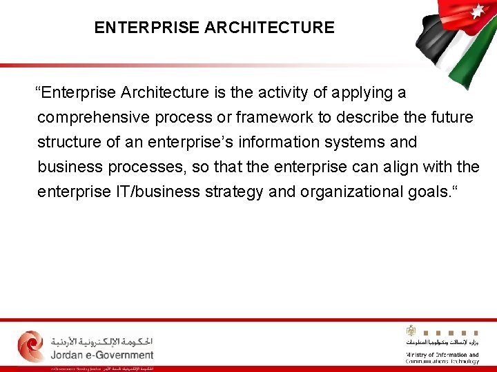 ENTERPRISE ARCHITECTURE “Enterprise Architecture is the activity of applying a comprehensive process or framework