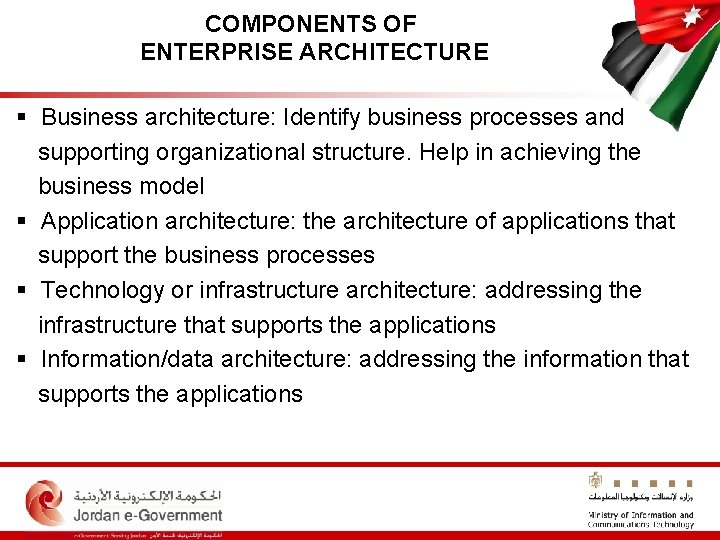 COMPONENTS OF ENTERPRISE ARCHITECTURE § Business architecture: Identify business processes and supporting organizational structure.