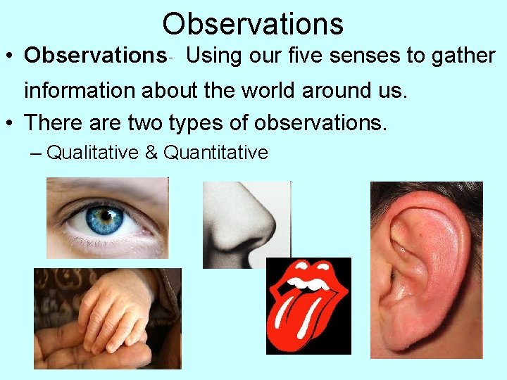 Observations • Observations- Using our five senses to gather information about the world around