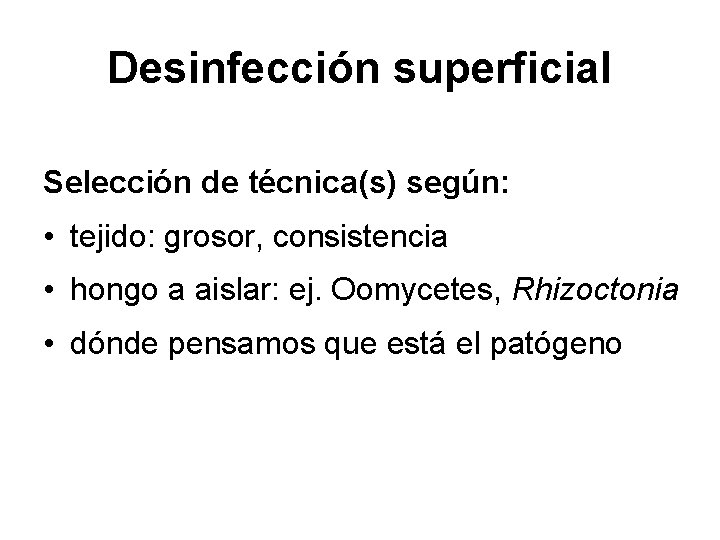 Desinfección superficial Selección de técnica(s) según: • tejido: grosor, consistencia • hongo a aislar: