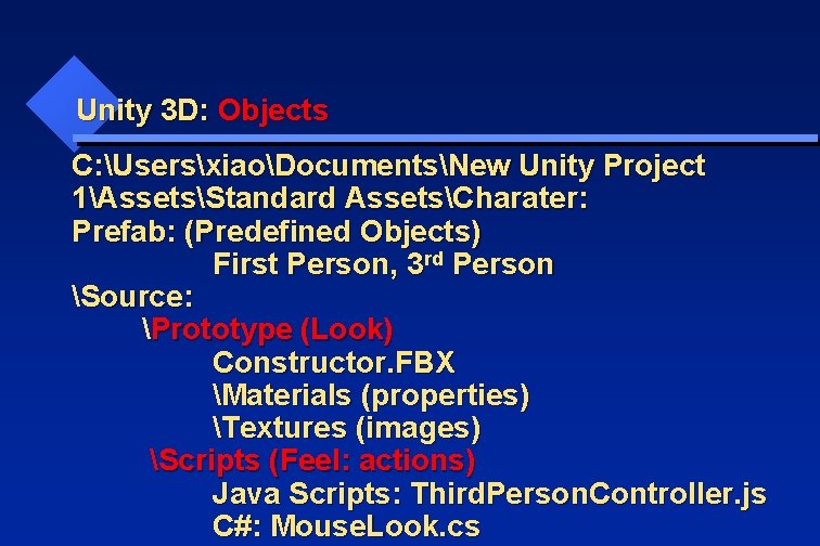 Unity 3 D: Objects C: UsersxiaoDocumentsNew Unity Project 1AssetsStandard AssetsCharater: Prefab: (Predefined Objects) First
