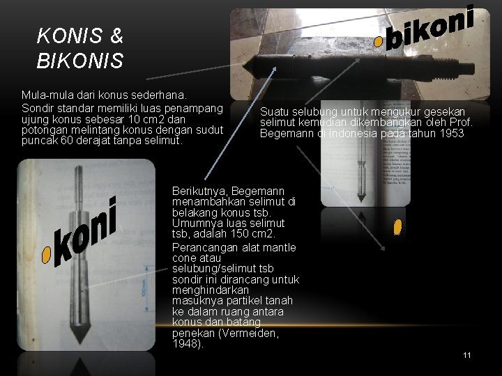 KONIS & BIKONIS Mula-mula dari konus sederhana. Sondir standar memiliki luas penampang ujung konus