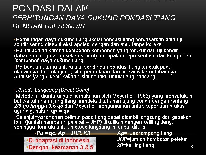 APLIKASI HASIL UJI SONDIR UNTUK PONDASI DALAM PERHITUNGAN DAYA DUKUNG PONDASI TIANG DENGAN UJI